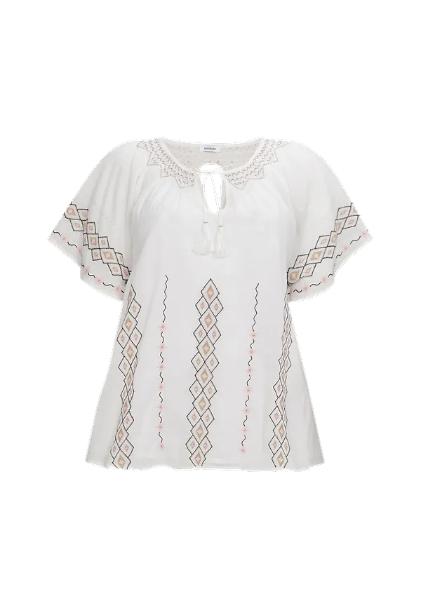 La Redoute - Blus med V-ringning och kort ärm med brodyr - Brun