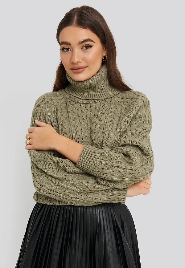 NA-KD High Neck Cable Knitted Sweater - Green