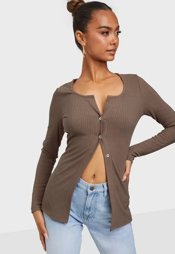 NLY Trend Longline Button Top Långärmade toppar Nougat