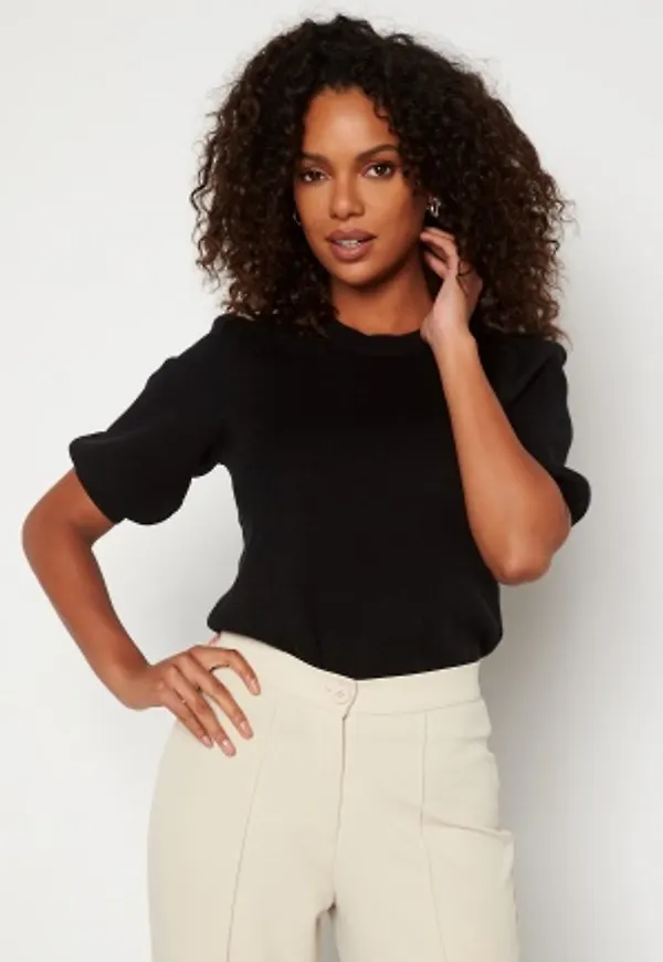 VERO MODA Gold SS Puff O-Neck Blouse Black XS
