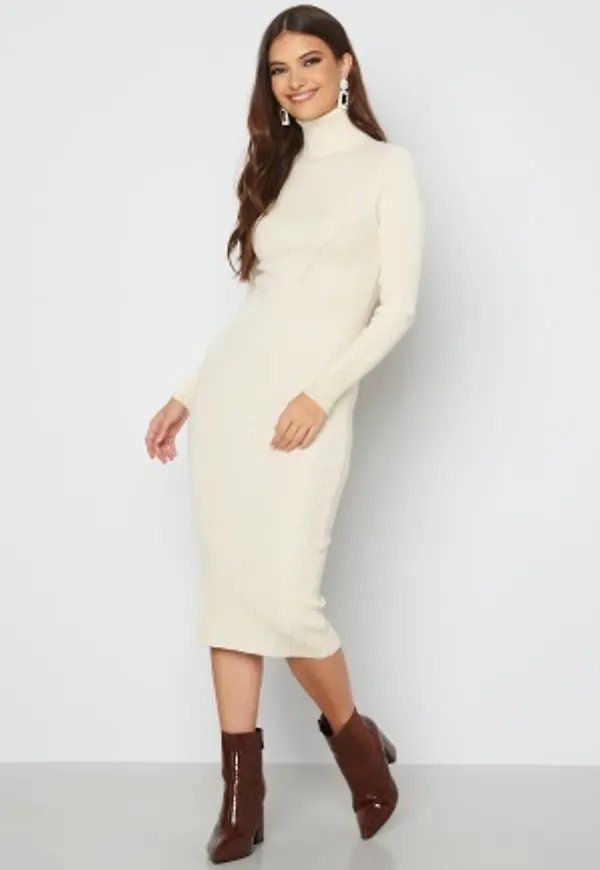 Blue Vanilla Roll Neck Rib Knit Midi Dress Stone L