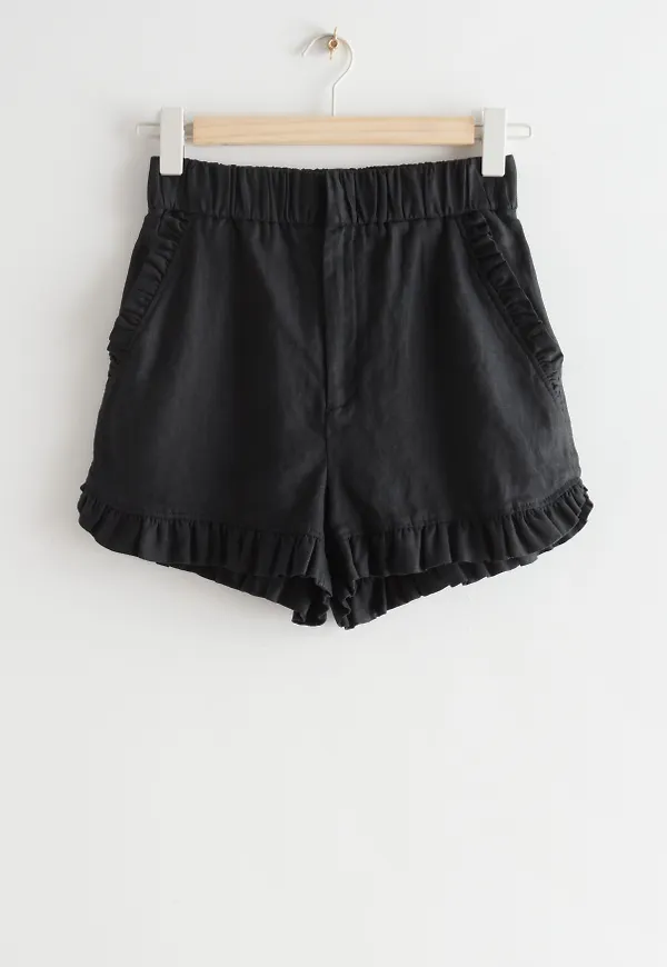 & Other Stories Frilled Linen Shorts Black i storlek 34 och färg Svart