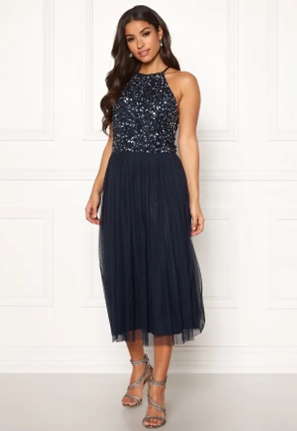 AngelEye High Neck Sequin Midi Dress Navy XS (UK8)