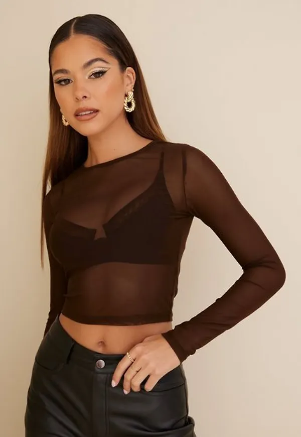 NLY Trend Impress Me Mesh Top Långärmade toppar Brun