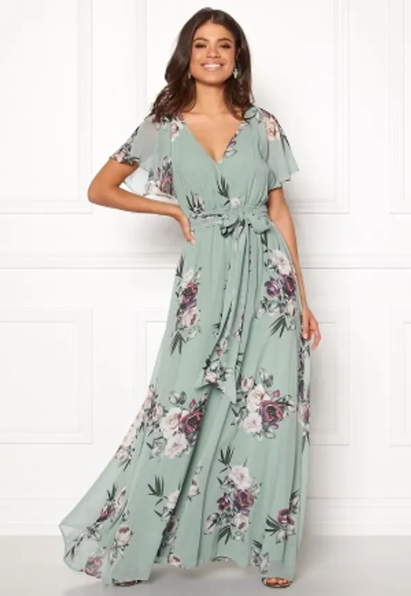 Goddiva Flutter Floral Maxi Dress Duck Egg XXS (UK6)