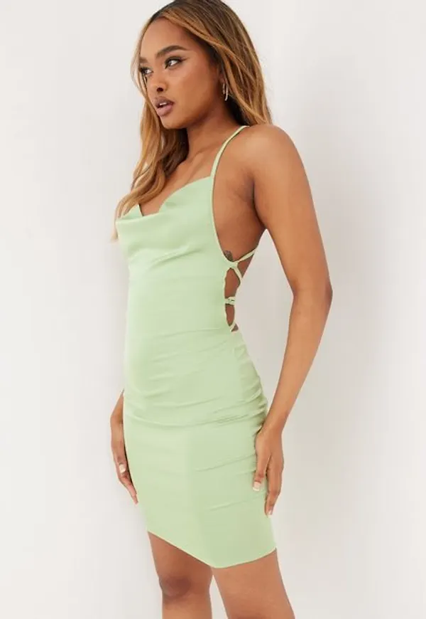 Parisian Satin Cowl Neck Tie Back Mini Dress Fodralklänningar Sage
