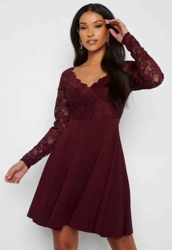 Goddiva Long Sleeve Lace Skater Dress Dark Wine S (UK10)