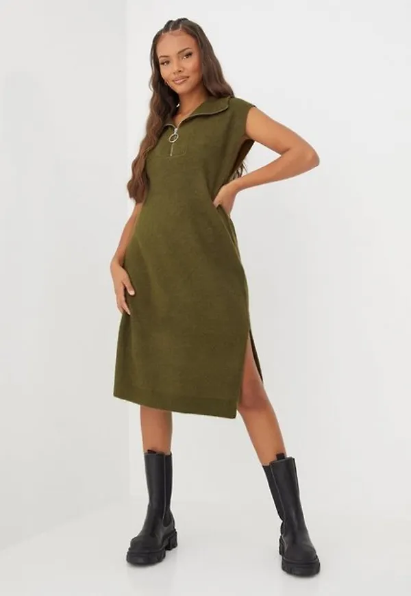 Vero Moda Vmfilene Sl Zip Highneck Long Vest Stickade västar Dark Olive W. Melange