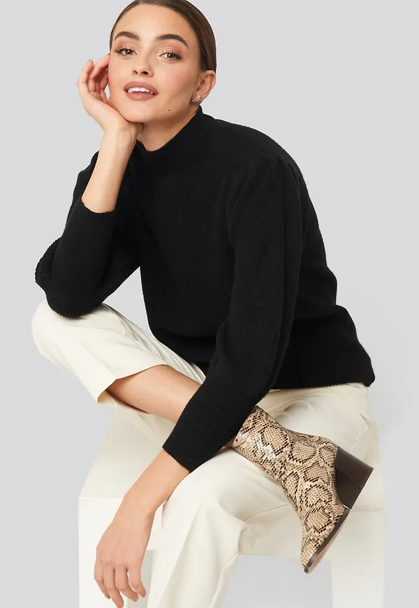 NA-KD Wide Cuff Balloon Sleeve Knitted Sweater - Black