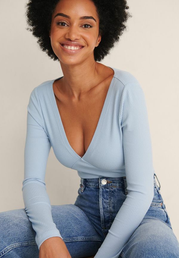 NA-KD Ribbstickad Offshouldertopp Med Lång Ärm - Blue