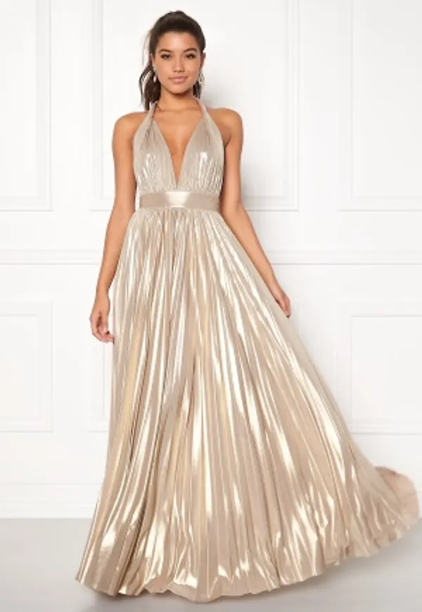 Goddiva Deep V Neck Metallic Dress Gold L (UK14)