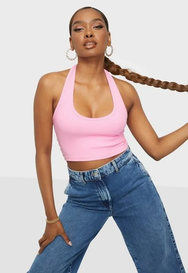 NLY Trend Halterneck Rib Top Crop tops Ljus Rosa