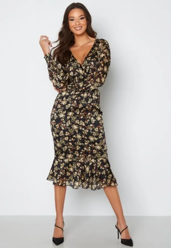 Goddiva Floral Fishtail Midi Dress Black M (UK12)