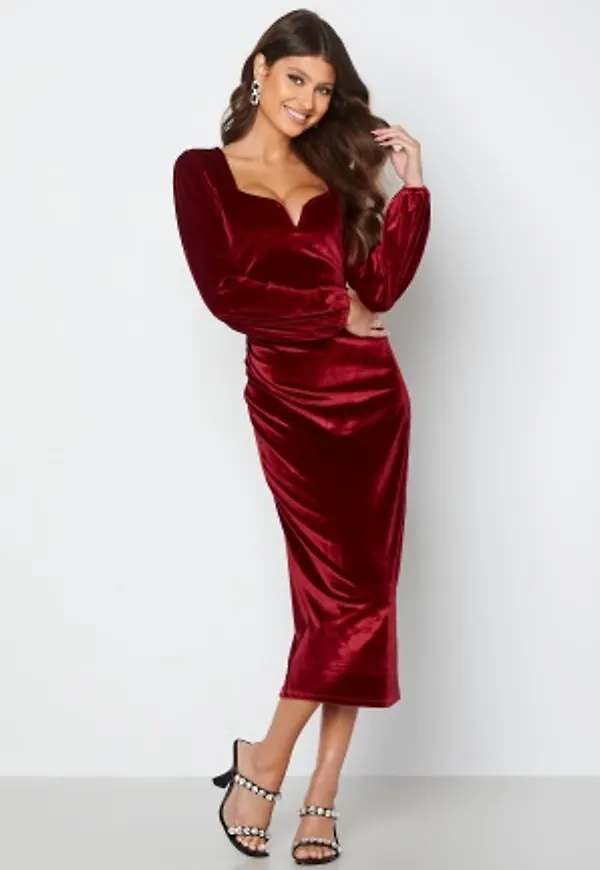 BUBBLEROOM Rudina puff sleeve velvet dress Wine-red M