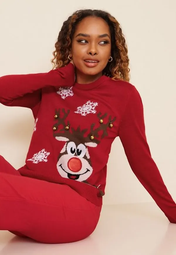 Only Onlxmas Bell L/S Pullover Cs Knt Stickade tröjor High Risk Red W. Deer And Bells