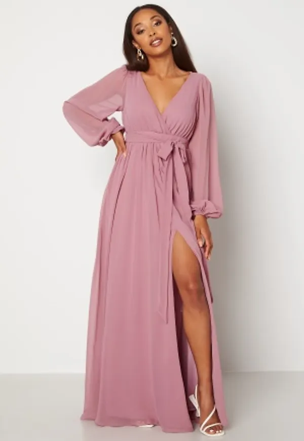 Goddiva Long Sleeve Chiffon Dress Dusty Lavendel M (UK12)