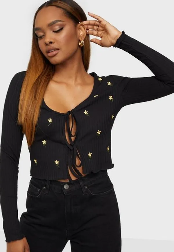 Only Onljeanett Lifel/S Cardigan Box To Vardagsblusar Black Flowers Embroidery