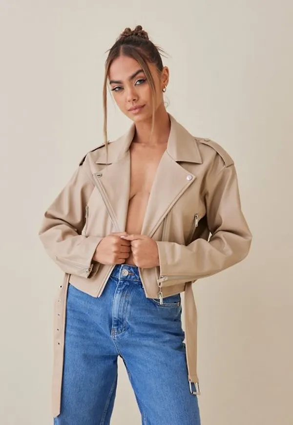 NLY Trend Cropped Oversized Biker Jacket Skinnjackor Beige