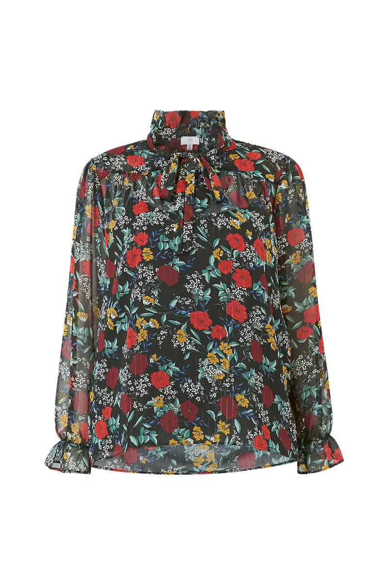 La Redoute - Blommig knytblus med lång ärm - Svart