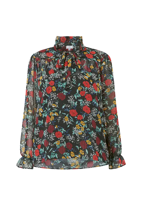 La Redoute - Blommig knytblus med lång ärm - Svart