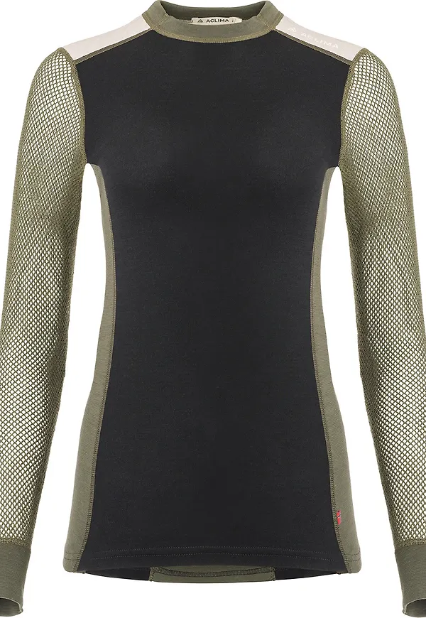 Aclima Women's WoolNet Hybrid Crew Neck Jet Black/Tarmac/Beige Melange