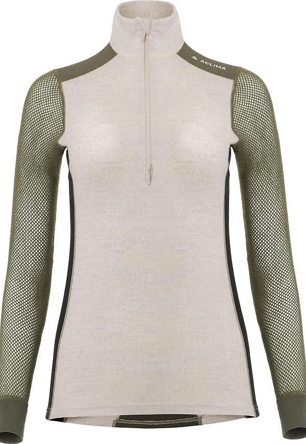Aclima Women's WoolNet Hybrid Mock Neck Beige Melange/tarmac/jet Black