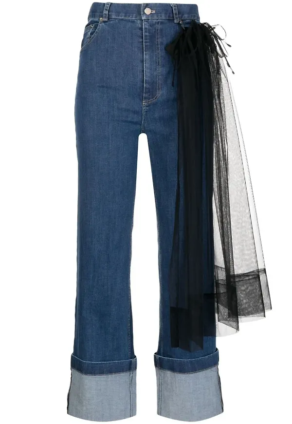 ACT Nº1 croppade jeans med tyllpanel - Blå