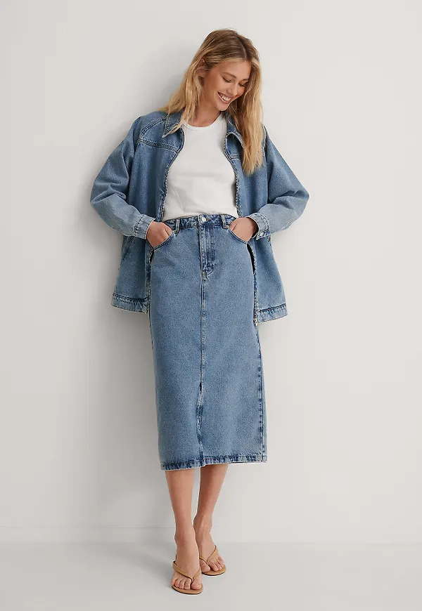 NA-KD Recycled Denimmidikjol Med Slits Fram - Blue