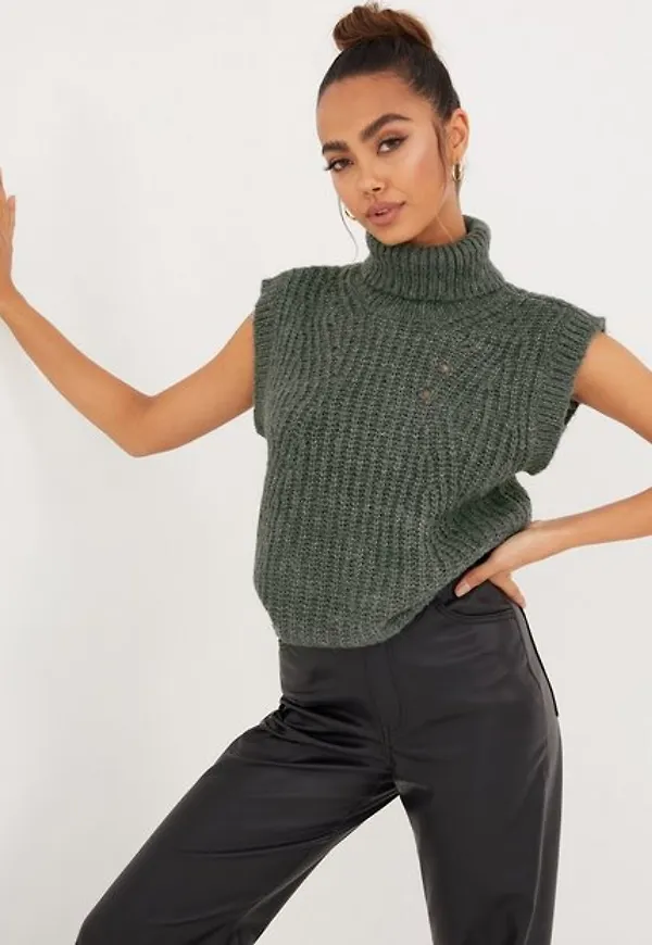 Vila Visuba Rollneck S/L Knit Vest/Tb Stickade västar Medium Grey Melange