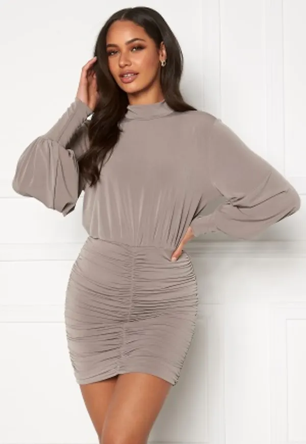 John Zack Long Sleeve Rouched Mini Dress Mink XL (UK16)