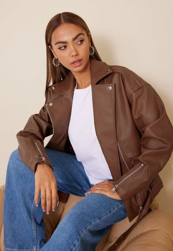 Missguided Boyfriend Belted Faux Leather Biker Skinnjackor