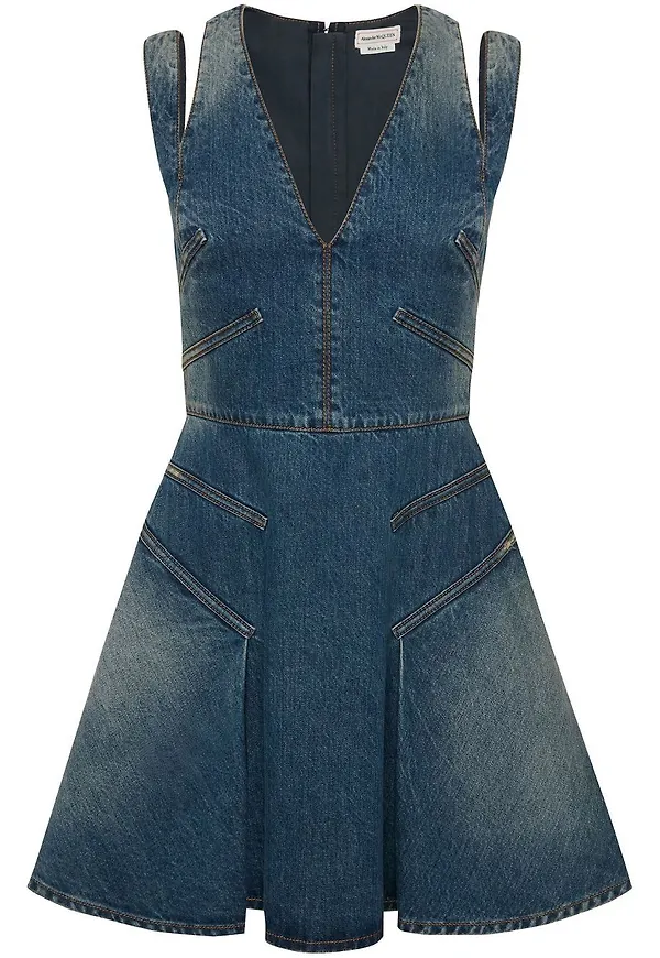 Alexander McQueen v-ringad miniklänning i denim - Blå