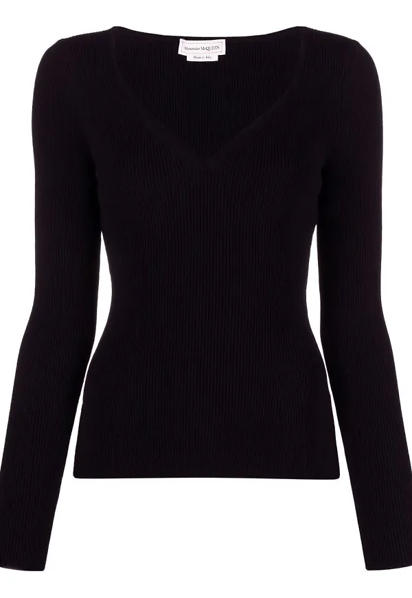 Alexander McQueen v-ringad ribbstickad topp - Svart