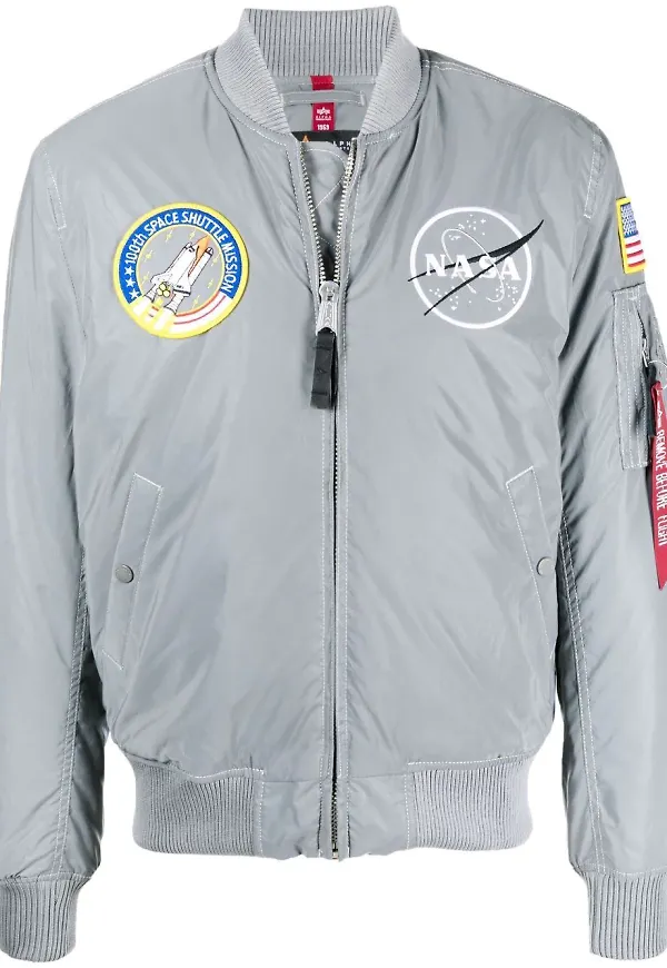 Alpha Industries bomberjacka med Nasa-tryck - Silverfärgad