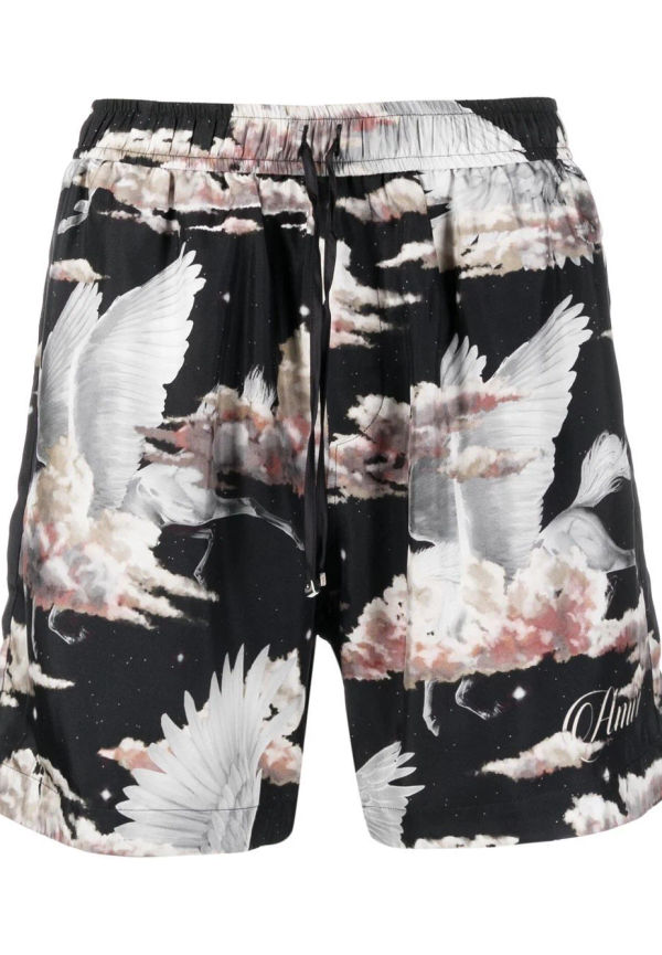 AMIRI sidenshorts med fågeltryck - Svart