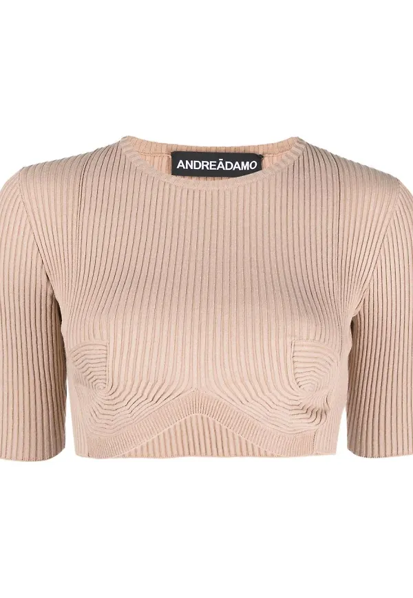 ANDREĀDAMO ribbstickad croptop - Neutral