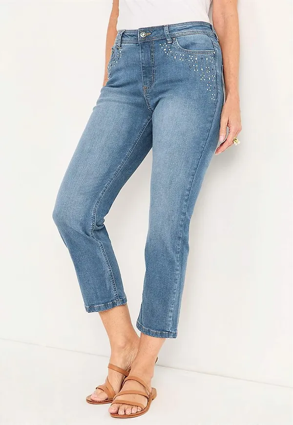 Ankeljeans med pärlor och strass