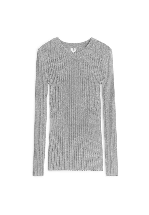 Arket Ribbstickad Glittertröja Silver i storlek M