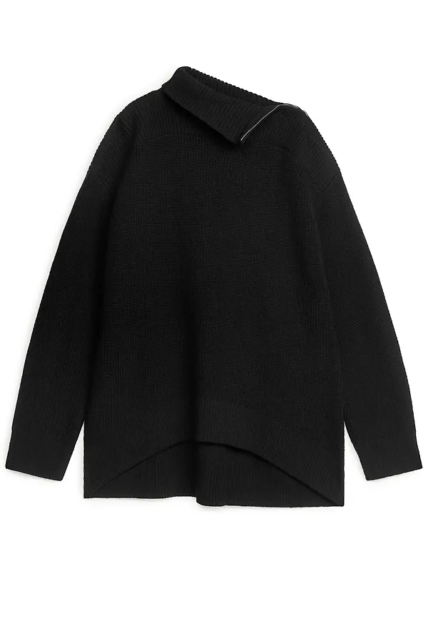 Arket Zip Detail Wool Blend Jumper Black, Tröja i storlek S och färg Svart
