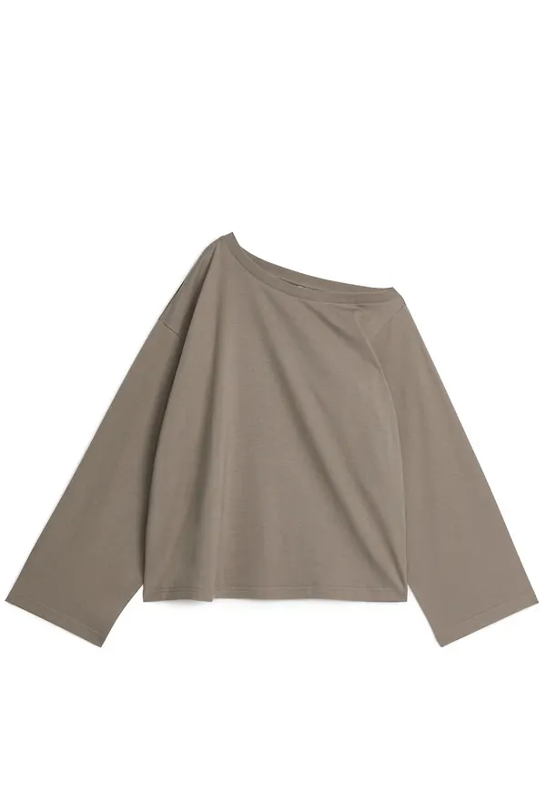 Asymmetric-Neck T-Shirt - Brown