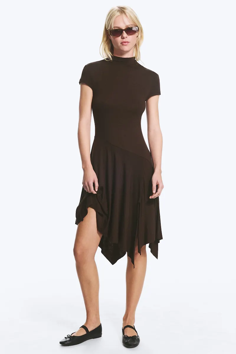 Asymmetric Mock‑Neck Midi Dress