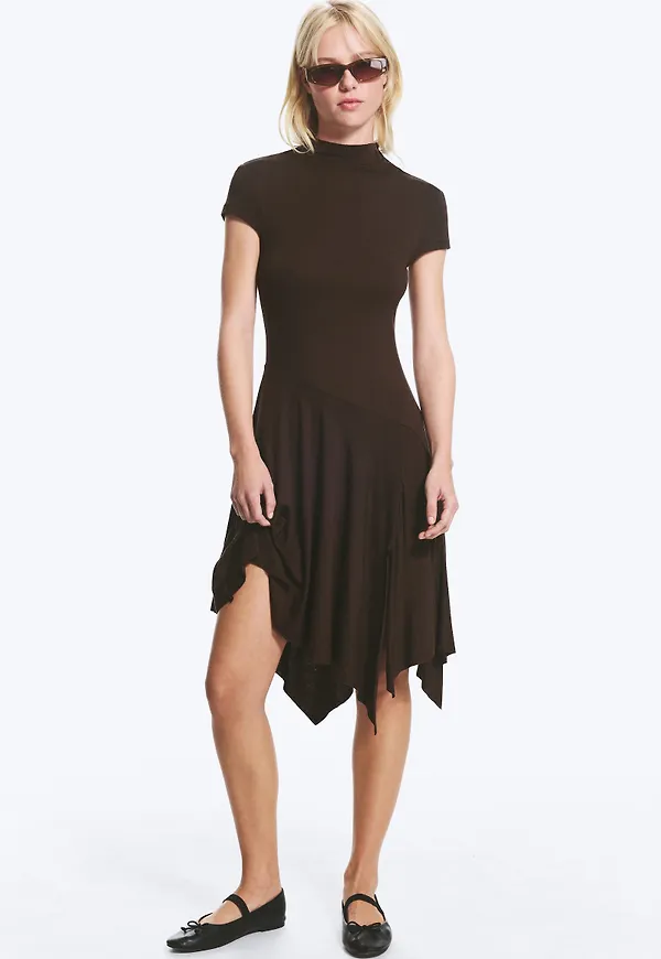 Asymmetric Mock‑Neck Midi Dress