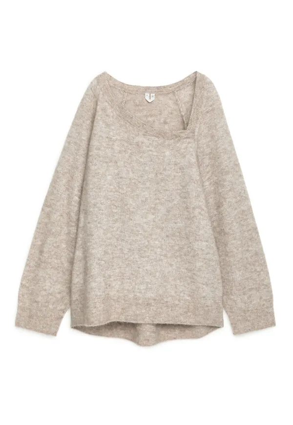 Asymmetric-Neckline Alpaca Jumper - Beige