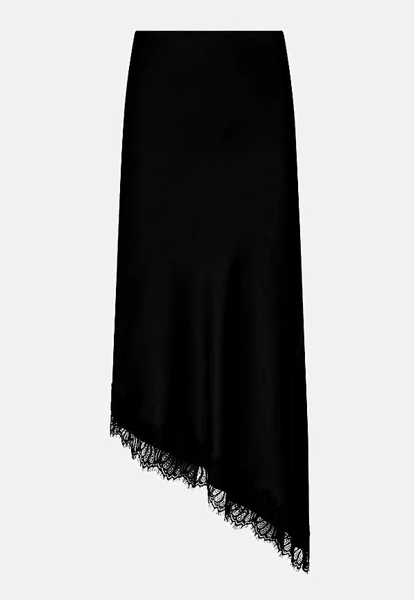 Asymmetrisk satinkjol med spetskant