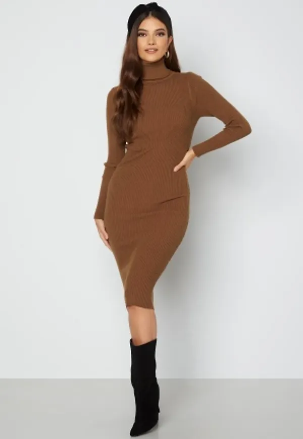 Blue Vanilla Roll Neck Rib Knit Midi Dress Chocolate L
