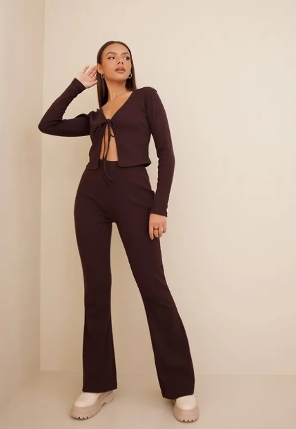Missguided Ribbed Tie Front Cardi & Flare Set Mjukisbyxor