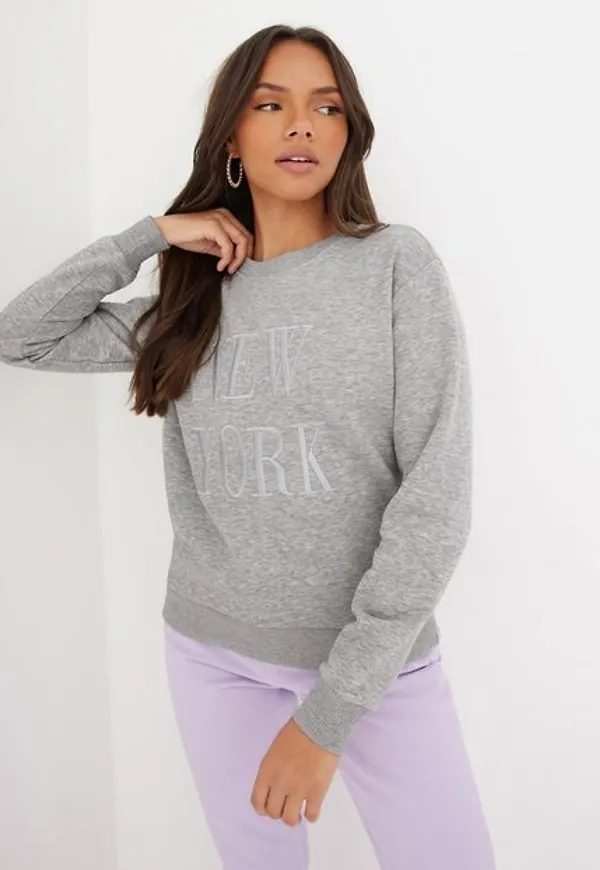 Jacqueline de Yong Jdyparis L/S Emb Sweat Jrs Sweatshirts Light Grey Melange New York Embroidery