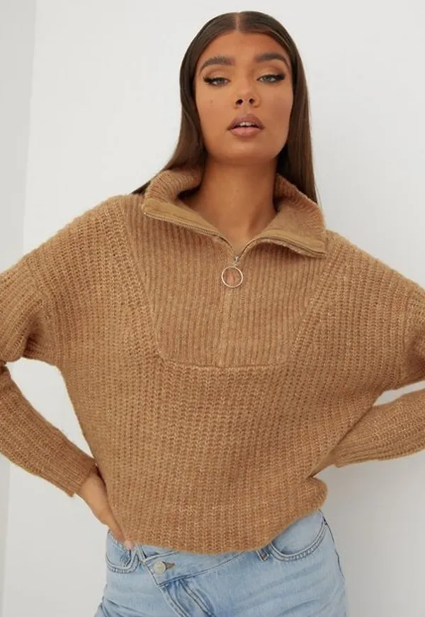 Only Onlemily Life L/S Zip Pullover Knt Stickade tröjor Camel W. Melange