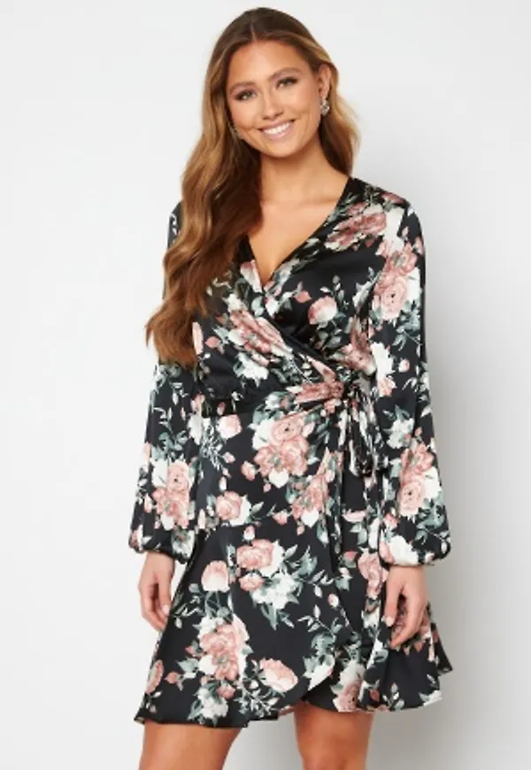 BUBBLEROOM Priya Satin Dress Black / Patterned 40