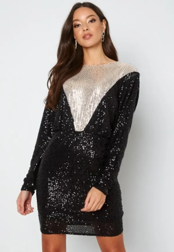 VILA Savias Sequin Dress Black AOP Birch 40